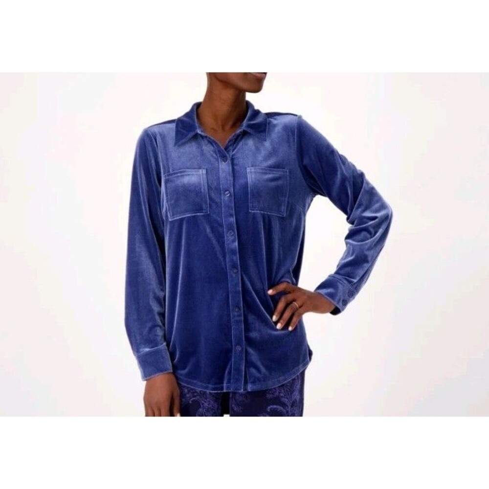 New Womens Isaac Mizraahi Velour Velvet Button Down Shirt XXS XS Galaxy Blue